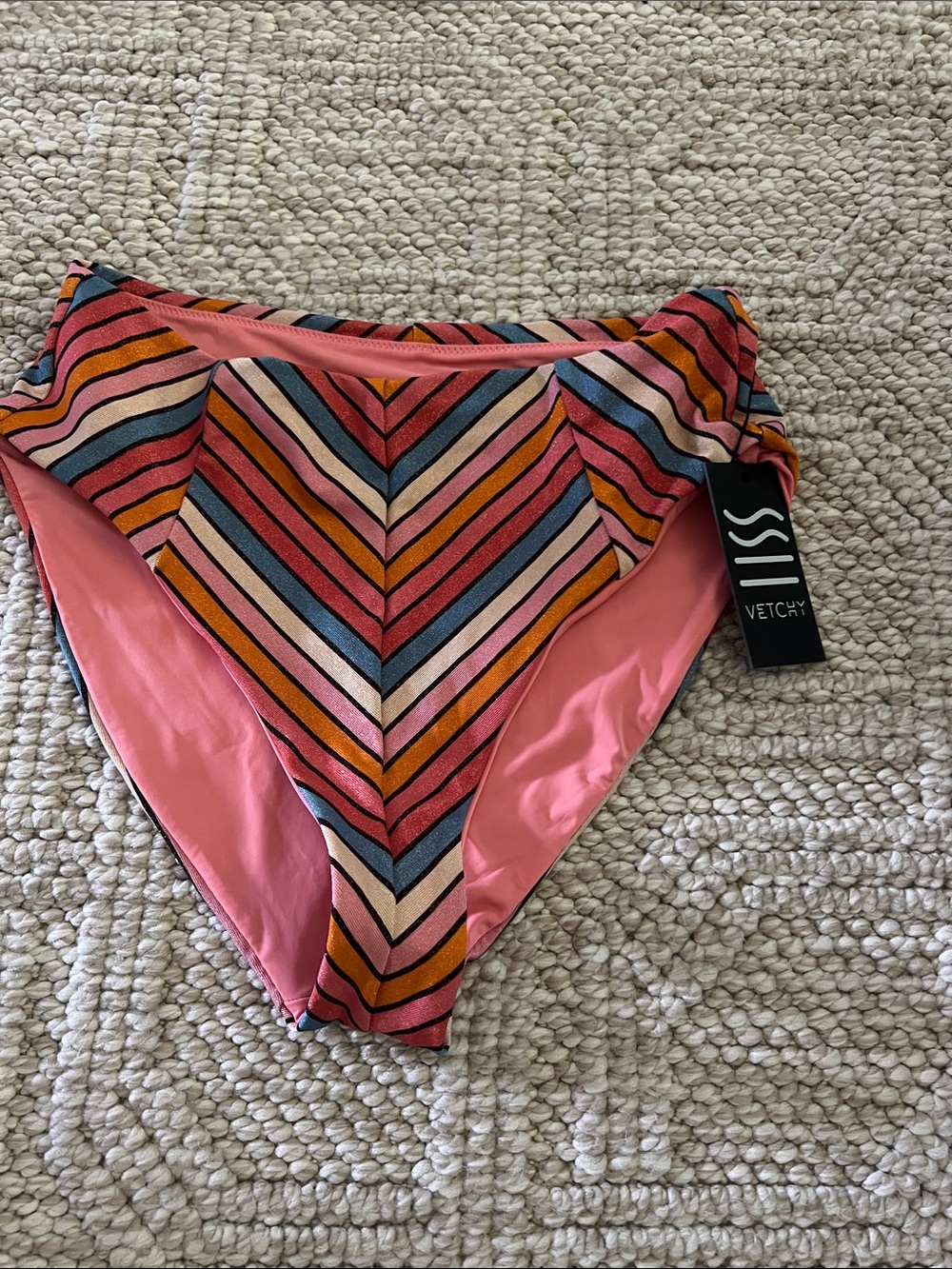 Vetchy Striped High-Cut Bikini Bottom - Pink Multi size small.